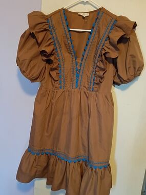 entro Brown Dress with Bright Blue Scallop Trim Large